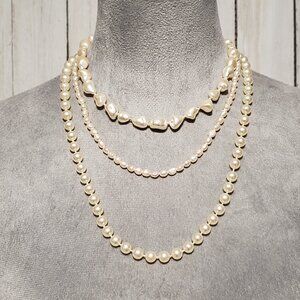 Faux Pearl Necklace Lot of 3 Layer Multi Strand Baroque Mod Retro Classic Artsy